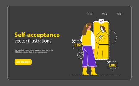 Overcoming FOMO concept. A person reflects self-acceptance while rejecting social media likes. Embracing individuality, silencing external validation. Vector illustration.のイラスト素材