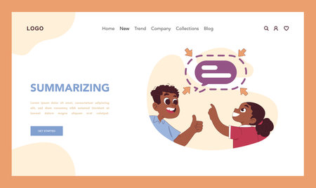 Summarizing concept. Girl learning to simplify message, while boy supports and approves. Distilling information to essence. Concise, straight to the point communication. Flat vector illustrationのイラスト素材