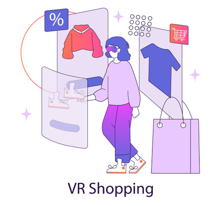 Virtual Reality shopping concept. Customer engaging in online shopping using VR technology. Interactive e-commerce experience. Vector illustration.のイラスト素材