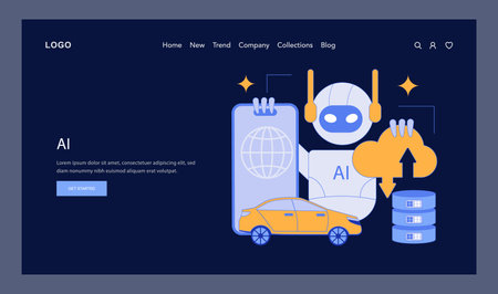 Artificial intelligence concept. A humanoid robot interfacing with technology symbols, reflecting AI integration in modern life. Cloud storage, global connectivity, and smart mobility. Vector illustration.のイラスト素材