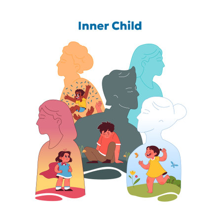 Inner child concept. Colorful journey of self-discovery, from childhood innocence and emotions to adult mindfulness. Joy and challenges depicted through layered silhouettes. Vector illustrationのイラスト素材