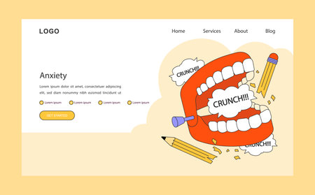 Neurosis web banner or landing page. Chronic stress and anxiety mental disorder. Anxious and intrusive thoughts. Teeth gnaw a pencil. Flat vector illustrationのイラスト素材