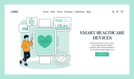Healthcare Innovation concept. A person interacts with advanced medical devices on a digital interface. Technology in modern health monitoring. Vector illustration.のイラスト素材