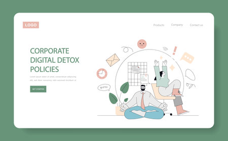 Digital Detox concept. Corporate employees embrace mindful tech use with a tranquil meditation scene. Office calmness, productivity balance, mental health focus. Vector illustration.のイラスト素材