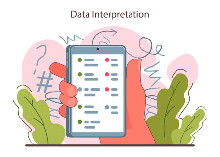 Interpretation. Data literacy. Information understanding, analysis and usage. Process of info explanation and conversion. Flat vector illustrationのイラスト素材