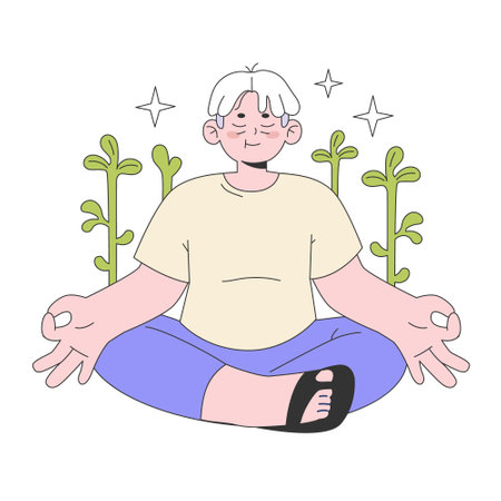 Senior life milestones. Getting old and maturing. Retired calm aged man sitting in a lotus position. Grandpa meditating, practicing yoga, mindfulness and breath control. Flat vector illustration.のイラスト素材