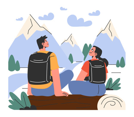 Mountaineering. Mountain climbers with backpacks during nature adventure. People climbing rock wall, sitting near campfire and hiking in the hills. Flat vector illustrationのイラスト素材