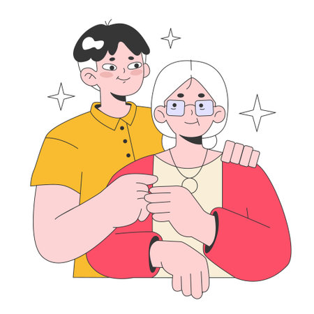 Adult man caring about old aged mother. Son supporting, hugging with mature woman. Happy family hugging each other. Flat vector illustrationのイラスト素材