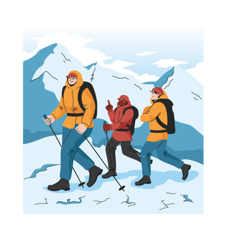 Mountaineering. Mountain climbers with backpacks during nature adventure. People climbing snowy hills with hiking equipment. Flat vector illustrationのイラスト素材