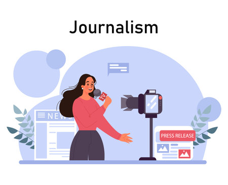 Journalism. TV reporter announce news with a microphone. Mass media profession. Vector flat illustrationのイラスト素材