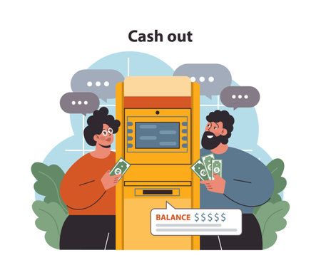 DeFi, decentralized finance. Money withdrawal and transfer. Woman with a cart full of cash. Smart distributed ledger technology. Flat vector illustrationのイラスト素材