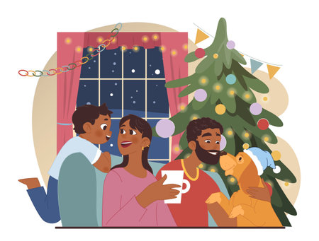 Christmas celebration. Cheerful family members, black couple with son and dog spending time together on winter holidays. Christmas tree and decoration. Flat vector illustrationのイラスト素材