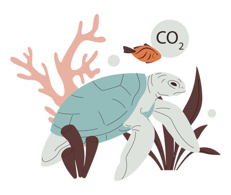 Ocean acidification. Environmental crisis, water acidification with carbon dioxide, seawater contamination. Sea turtle fish and corals toxic habitat area. Flat vector illustrationのイラスト素材