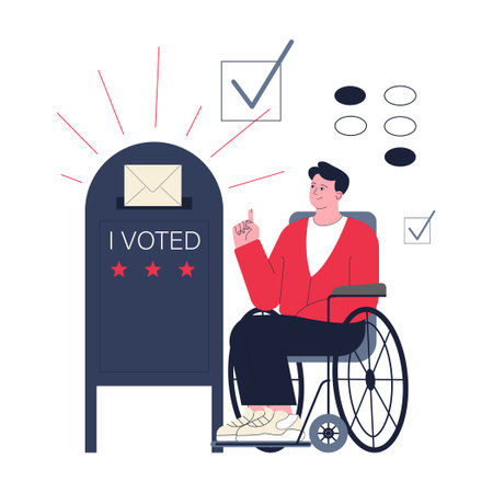 Presidential election. Man on a wheelchair voting by mail. American election campaign. USA political and voting system. Democratic procedure, electoral process. Flat vector illustrationのイラスト素材