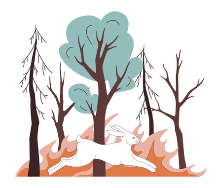 Wildfire. CO2 emission affect on earth. Burning forest trees, dangerous and harmful nature disaster. Animals escaping woods fire. Rabbit or hare running from heat. Flat vector illustrationのイラスト素材