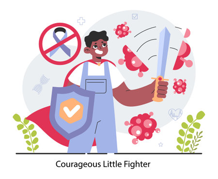 Childhood cancer. Oncology diagnostic and treatment. Chemotherapy and radiation therapy. Caurageous little fighter with sward shield, kid wearing head scarf support. Flat vector illustrationのイラスト素材