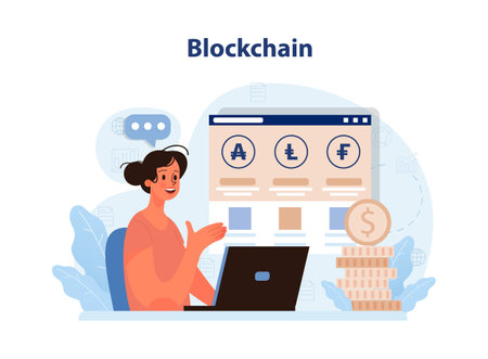 Blockchain. Cryptocurrency mining, financial transactions, user identification and cybersecurity technology. Flat vector illustrationのイラスト素材