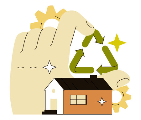 Retrofit movement. Home renovation. Old house modernization and improvement for sustainable living. Construction works. Flat vector illustrationのイラスト素材
