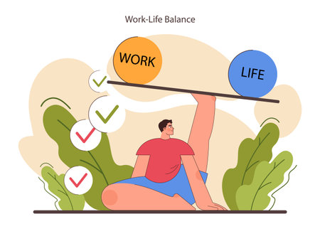 Work life balance. Male charcter in a yoga position. Modern lifestyle, healthy boundaries between job and self for body and mind harmony. Flat vector illustrationのイラスト素材