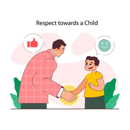 Positive parenting. Dad showing respect towards his little son. Formation of little childs social, emotional, mental, and intellectual skills. Happy family bond. Flat vector illustrationのイラスト素材