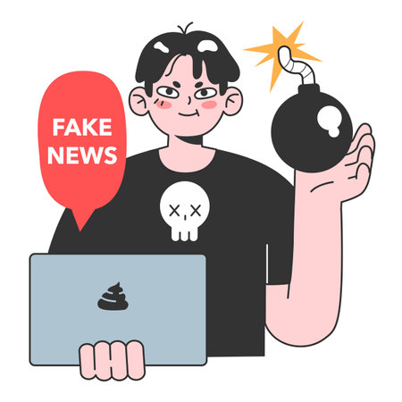Fake news. Manipulation and control over people mind. Media influencing and manipulating character. Propaganda, hoaxes and internet fakes. Flat vector illustrationのイラスト素材
