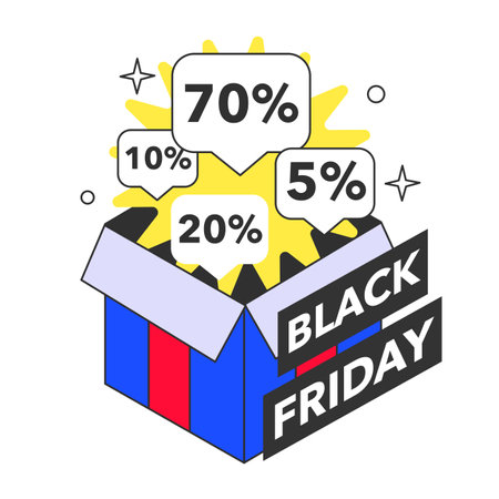 Black friday. Shopping cart and bags with goods and presents. Offline and online shopping with a big discount and special offer. Promo advertising. Flat vector illustrationのイラスト素材