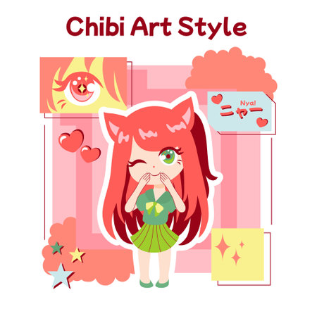 Anime culture. Otaku or geek lifestyle, popular japanese cartoons or manga fan. Asian character in chibi art style. Entertaining and creative hobby or subculture. Flat vector illustrationのイラスト素材