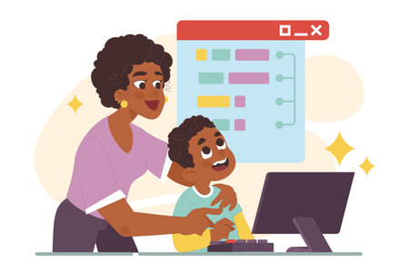 Computer science class for kids. Little black boy programming and coding with his mom support. Informatics course. Web, apps and software development practice. Flat vector illustrationのイラスト素材