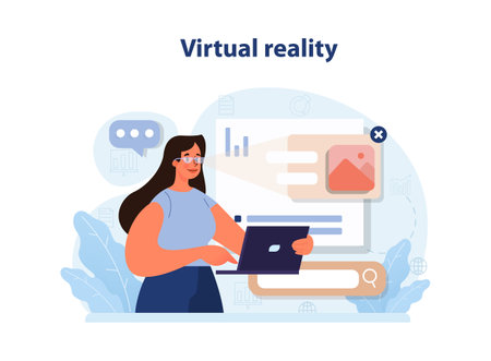 Virtual reality in marketing. VR futuristic technology. Digital promotion in cyberspace. Customer interacting with metaverse, marketplace application software. Flat vector illustrationのイラスト素材