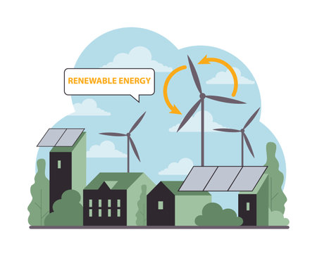 Renewable power. Sustainable electricity consumption. Energy generation source. Solar, water, wind, geothermal and battery. Flat vector illustrationのイラスト素材
