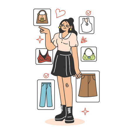 Wardrobe developing. Character choose or collect sets of clothes, making combination of fashionable apparel. Modern trendy outfit. Flat vector illustrationのイラスト素材
