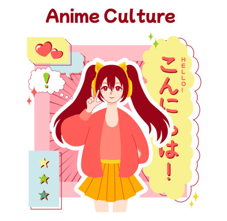 Anime culture. Otaku or geek lifestyle, popular japanese cartoons or manga fan. Cute asian character. Entertaining and creative hobby or subculture. Flat vector illustrationのイラスト素材
