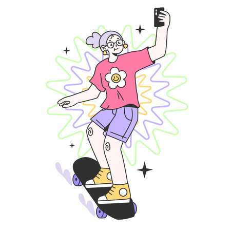 Mature character skating. Campsite festival leisure. Old woman having fun spending time outside. Summertime leisure at camp party. Flat vector illustrationのイラスト素材