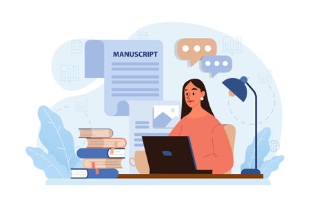 Writing a manuscript. Author writing a book. Creative process. Thoughts and memories reflection, journaling or diary keeping. Writing communication. Flat vector illustrationのイラスト素材