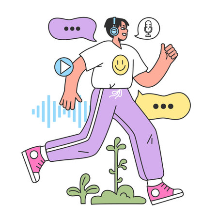 Podcast. Character listening audio podcast or audio online show while training or running. Radio, interview or music listening, mass media broadcasting. Flat vector illustrationのイラスト素材
