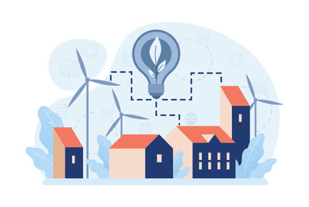 Renewable power. Sustainable electricity consumption. Energy generation source. Solar, water, wind, geothermal and battery. Flat vector illustrationのイラスト素材