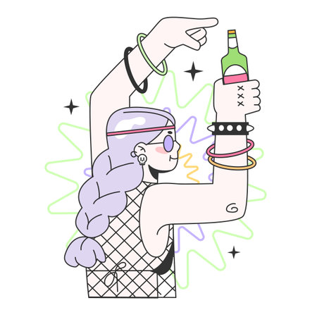 Mature character drinking alcohol. Campsite festival leisure. Old woman having fun spending time outside. Summertime leisure at the camp party. Flat vector illustrationのイラスト素材