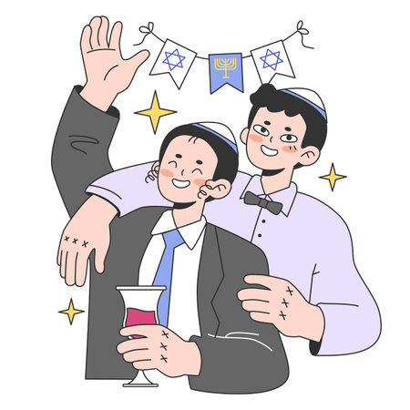 Hanukkah celebrating. Family gathering on religious holidays. Young men or rabbis wearing a kippah holding a wine glass. Friends at hanukkah festive dinner. Flat vector illustrationのイラスト素材