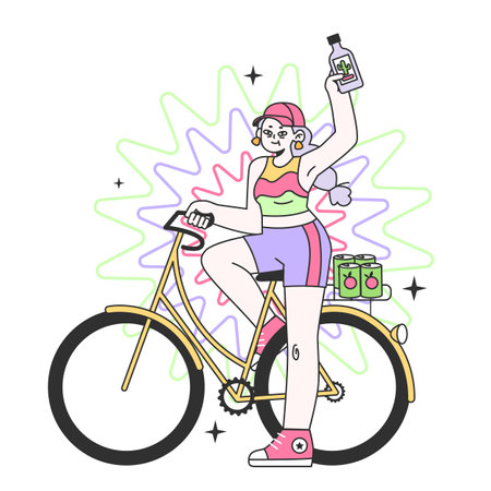 Mature character riding a bicycle. Campsite festival leisure. Old woman having fun spending time outside. Summertime leisure in the camp, active lifestyle. Flat vector illustrationのイラスト素材