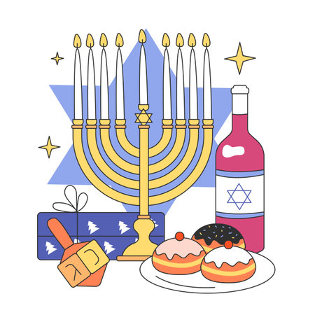 Hanukkah celebrating. Family gathering on religious holidays. Hanukkah festive dinner. Menorah with nine candles, dreidel and traditional donuts. Flat vector illustrationのイラスト素材