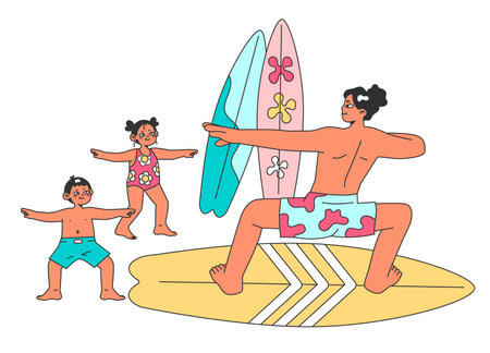 Surfing school. Character in a swimsuit spending time on the beach. Male coach teaching kids to surf. Popular extreme sport, recreation or activity. Flat vector illustrationのイラスト素材