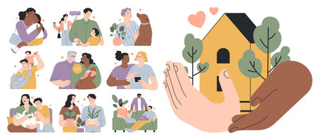 non-traditional family relationships set. Modern happy loving family or family structure. Care, trust and support. Close and sweet communication between humans and pets. Flat vector illustration.のイラスト素材