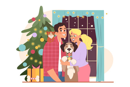 Modern family, young woman and man with their pets. Happy characters celebrating Christmas together. Millenials or genz with cat and dog. Flat vector illustrationのイラスト素材