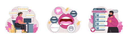 Customer feedback set. Consumer reviews public exchange. Sharing a purchased goods and services assessment in mobile app or social media blog, leaving anonymous feedback. Flat vector illustrationのイラスト素材