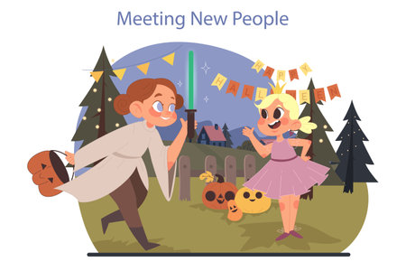 Children at the Halloween party. Little girls wearing costumes. Kid making friends on a trick or treat party. Scary night traditions, carnival decorations and pumpkins. Flat vector illustrationのイラスト素材