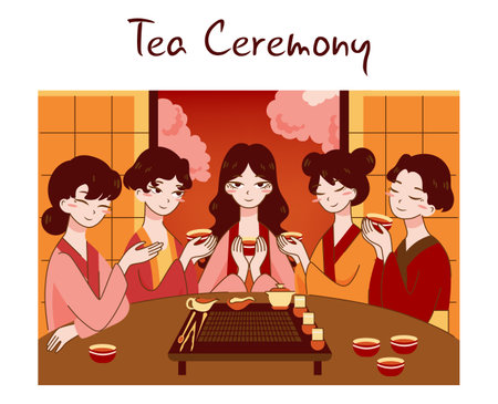 Tea ceremony. Japanese people preparing and drinking tea at kotatsu table. Traditional asian culture, hot green tea pot, small cups and spoons. Flat vector illustrationのイラスト素材