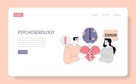 Psychosexology concept. Illustration showing relationship challenges with a broken heart and brain flowers. Miscommunication in romance and mental connection. Vector illustration.のイラスト素材
