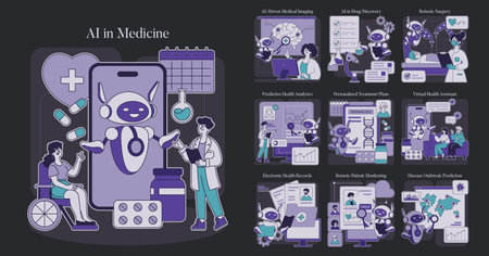 AI in Medicine set. Advances in healthcare technology with AI applications in diagnostics, treatment, and patient care. Robotics and data analytics featured. Vector illustration.のイラスト素材