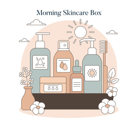Skincare Toolbox concept. Array of morning beauty regimen essentials with floral accents to start the day fresh and nourished. Vector illustration.のイラスト素材