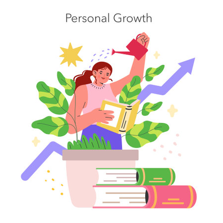 Personal Development concept. A woman nurtures her growth with books and self-care, symbolized by a flourishing plant. Self-improvement journey illustrated as gardening. Vector illustration.のイラスト素材